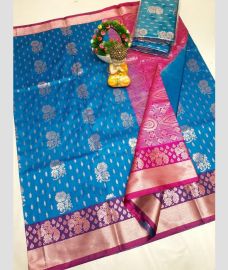 blue colour uppada soft silk sarees with All over Buttas design