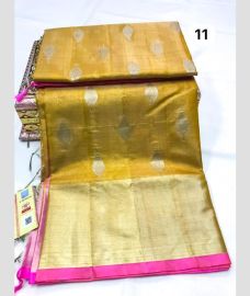 Mustard Yellow and Pink venkatagiri pattu sarees with All over Sequence Work design