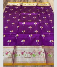 Purple and Mustard Yellow venkatagiri pattu sarees with kanchi border design