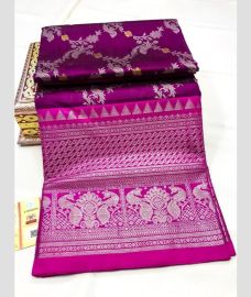 purple and silver colour venkatagiri pattu sarees with All oer Kalamjali design