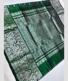 silver and green colour venkatagiri pattu sarees with All over Checks and Buttas design