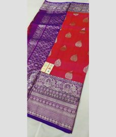 red and silver colour venkatagiri pattu sarees with All over Buttas design