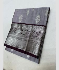 gray and silver colour venkatagiri pattu sarees with All over Buttas design