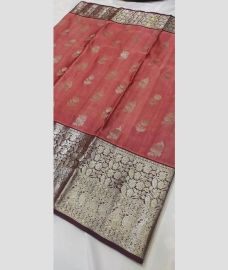 coral and silver colour venkatagiri pattu sarees with All over Buttas design