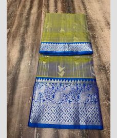 olive green and silver colour venkatagiri pattu sarees with All over Checks and Buttas design