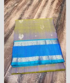 grey and blue colour venkatagiri pattu sarees with All over Checks and Buttas design