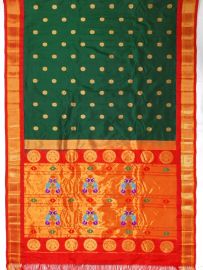 Red pallu and bottle green maharani kadial paithani pure silk and handmade saree