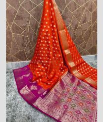 Orange and Magenta color Banarasi sarees with all over zari butis almond zari weaving beautiful flowers border design -BANS0018750