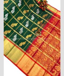 Pine Green and Red color Kollam Pattu handloom saree with all over checks with peacock buties design -KOLP0000802