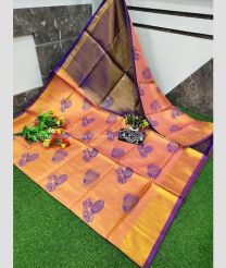 Peach and Purple color Uppada Tissue handloom saree with all over screen printed design -UPPI0001690