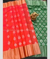 Orange and Pine Green color Uppada Soft Silk handloom saree with all over silver jari weaving buties saree design -UPSF0002032