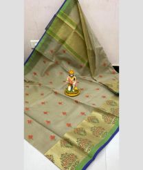 Lite Grey and Green color Kora handloom saree with all over printed design -KORS0000124