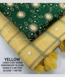 dark green and yellow color linen sarees with allover checks saree design -LINS0002060