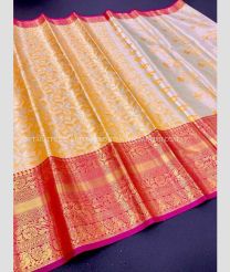 Mango yellow and Pink color Banarasi sarees with all over heavy gold and meena zari work design -BANS0009937