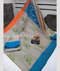Lite Grey and Blue color linen sarees with all over thread work buties design -LINS0002994