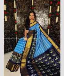 Sky blue and Dark Navy Blue color pochampally ikkat pure silk handloom saree with pochampalliy kkat design -PIKP0033853