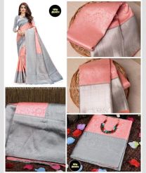 Peach and Grey color Lichi sarees with zari border saree design -LICH0000066