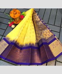 Lemon Yellow and Purple Blue color Chenderi silk handloom saree with all over buties with temple kuppadam border design -CNDP0016095