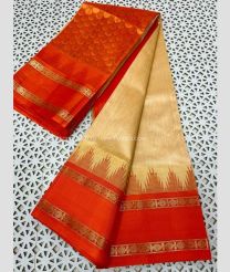 Cream and Red color kuppadam pattu sarees with two side rudraksha border design -KUPP0097190