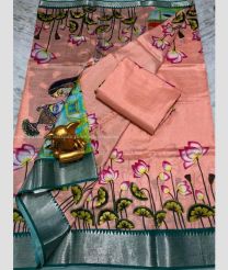 Copper and Teal color mangalagiri pattu handloom saree with all over digital printed with 150 by 50 jari border design -MAGP0026238