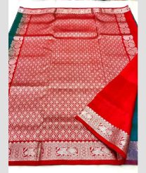Teal and Red color venkatagiri pattu handloom saree with all over silver buties design -VAGP0000848