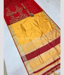Red and Yellow color Banarasi sarees with all over jacquard buties with golden border design -BANS0018795