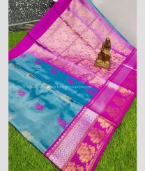 Blue Ivy and Neon Pink color mangalagiri pattu handloom saree with all over big buties with peacock border design -MAGP0026442