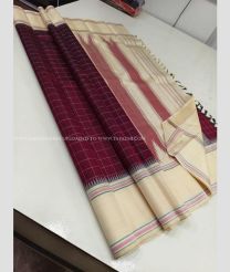 Maroon and Cream color kanchi pattu sarees with temple border design -KANP0013775