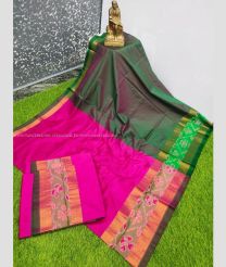 Pink and Copper Red color Uppada Soft Silk handloom saree with plain with pochampalli border design -UPSF0003627