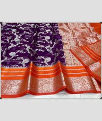 Purple and Orange color Banarasi sarees with all over meenakari flower jall buties with golden jari border design -BANS0007891
