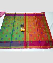 Green and Orange color Uppada Tissue handloom saree with all over tissue nakshthra buties design -UPPI0001426