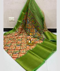 Cream and Green color linen sarees with all over kalamkari printed with kanchi border design -LINS0003739