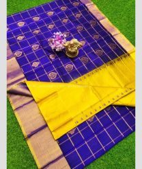 Blue and Mustard Yellow color Kollam Pattu handloom saree with all over checks and buties with kaddy border design -KOLP0001673