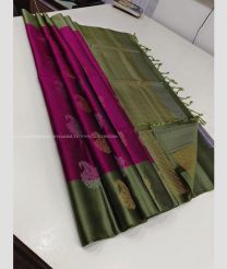 Deep Pink and Fern Green color kanchi pattu handloom saree with all over buties with unique border design -KANP0013696