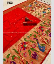 Red color paithani sarees with pure zari peacock design and big border -PTNS0005184