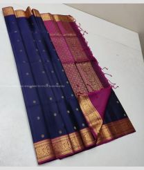 Navy Blue and Magenta color soft silk kanchipuram sarees with all over buties and checks with double warp border design -KASS0000976