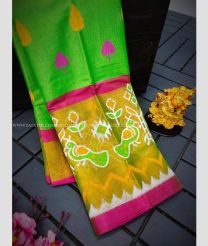 Parrot Green and Mustard Yellow color Uppada Soft Silk handloom saree with all over printed with ikkat kaddi border design -UPSF0003721