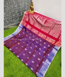 Red and Purple color Uppada Soft Silk handloom saree with all over silver buties design -UPSF0003689
