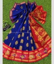 Blue and Red color Chenderi silk handloom saree with all over buties and pochampally border design -CNDP0012501