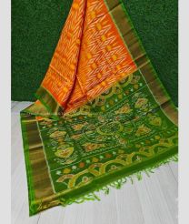 Orange and Green color Ikkat sico handloom saree with all over ikkat design -IKSS0000373