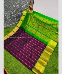 Purple and Parrot Green color Kollam Pattu handloom saree with all over hand buties design -KOLP0001540