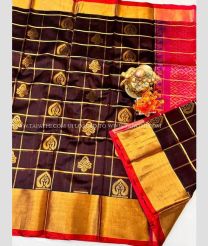 Chocolate and Pink color Kollam Pattu handloom saree with all over checks and buties with kaddi border design -KOLP0001610
