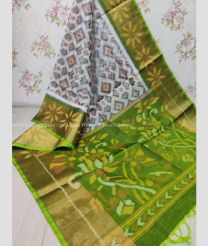 Half White and Green color Ikkat sico handloom saree with pochampalli ikkat design -IKSS0000286