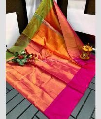Copper Red and Pink color Uppada Tissue handloom saree with plain with two sides pattu border design -UPPI0001552