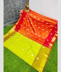 Lemon Green and Orange color Uppada Soft Silk handloom saree with all over topi buties design -UPSF0003887