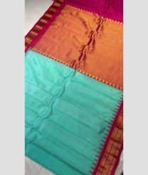 Turquoise and Pink color gadwal pattu handloom saree with all over woven buties with templ kuthu interlock woven border design -GDWP0001662