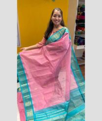 Dust Pink and Turquoise color gadwal cotton handloom saree with all over buties including meena with kuthu interlock woven border design -GAWT0000277
