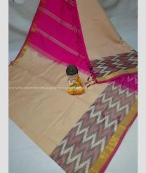Cream and Pink color Tripura Silk handloom saree with plain with big pochampally ikkat border design -TRPP0008509