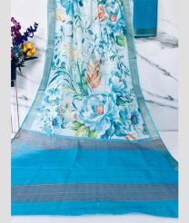 Half White and Blue color linen sarees with all over digital printed with gold jari border design -LINS0003714
