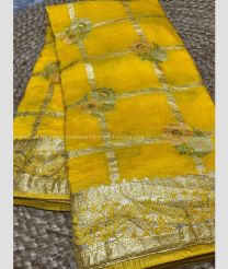 Yellow color silk sarees with all over barcode buties and meena jall woven with elegant jari woven border design -SILK0017634
